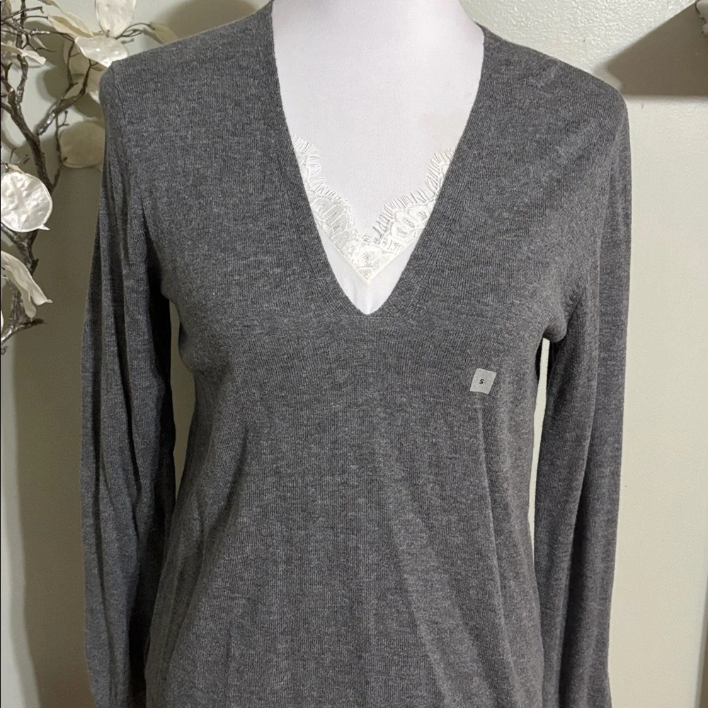 LOFT Gray V Neck Sweater with Lace Trim